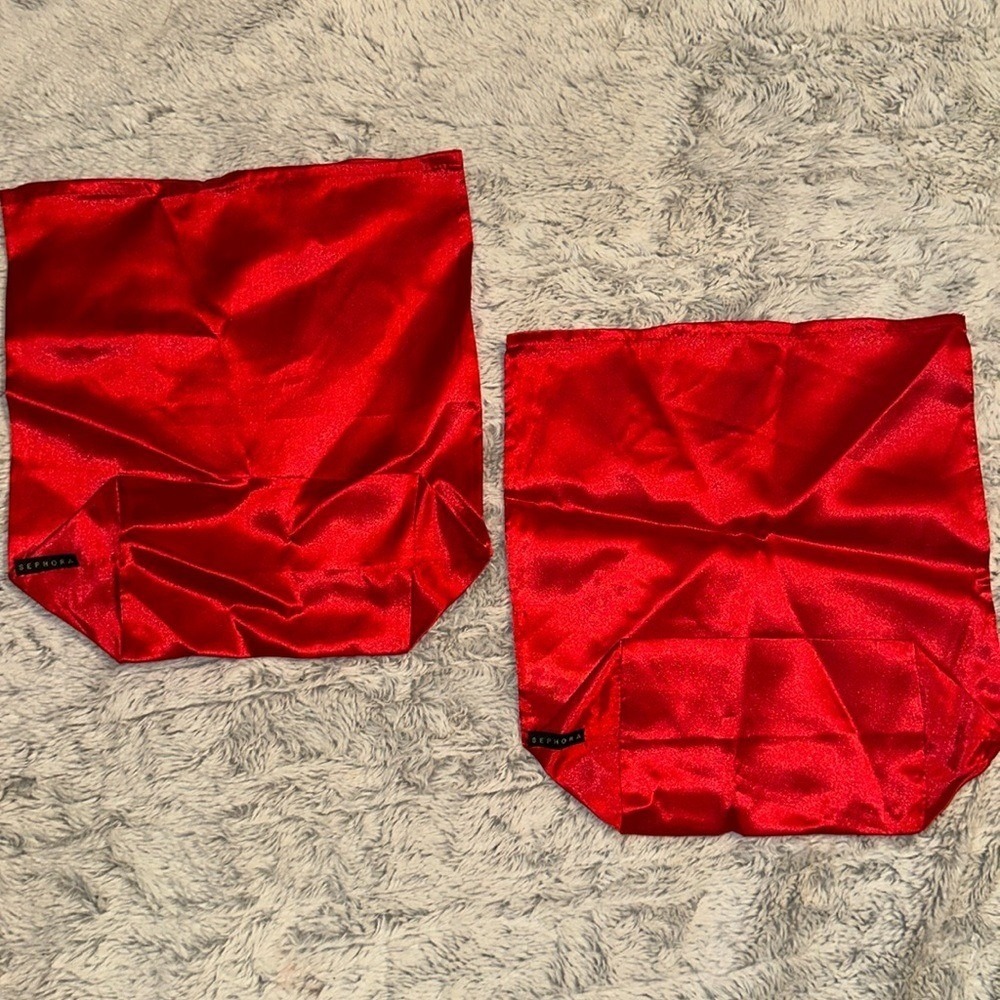 Sephora Red Satin Drawstring Dust Bags Set of 2 Makeup Storage Travel Organizers